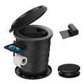 Portable foldable toilet, dark body with open lid and retractable seat