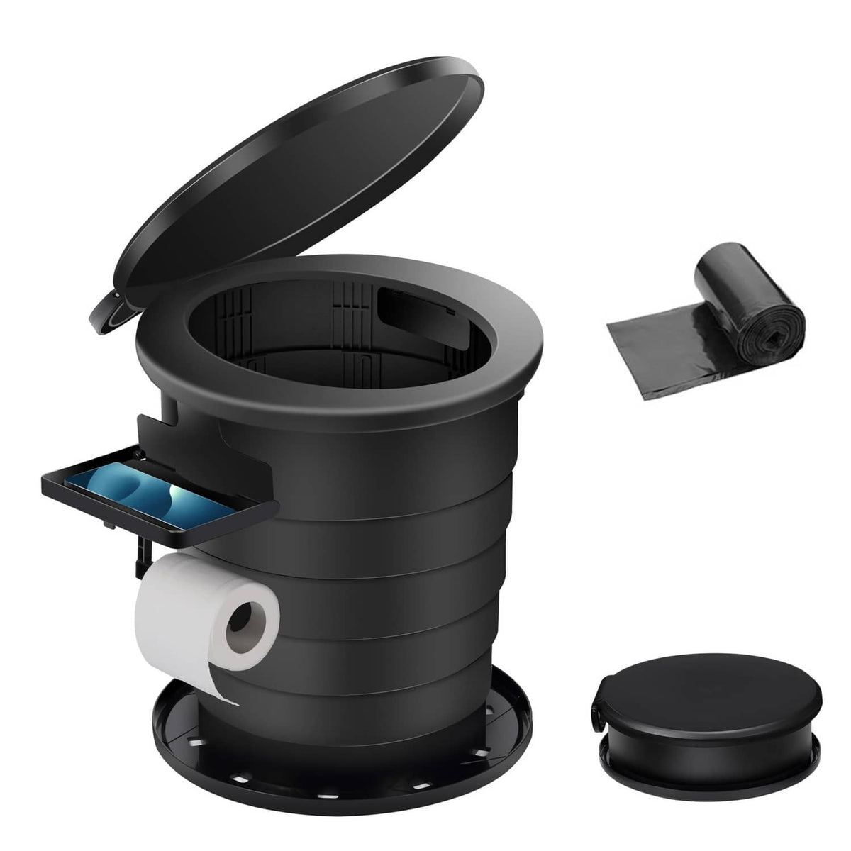 Portable foldable toilet, dark body with open lid and retractable seat