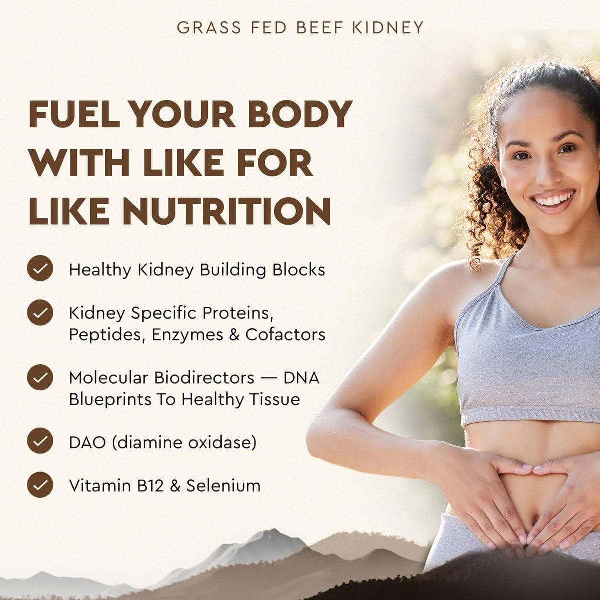 Grass-fed kidney supplement bottle with black cap and brown label, angled at left