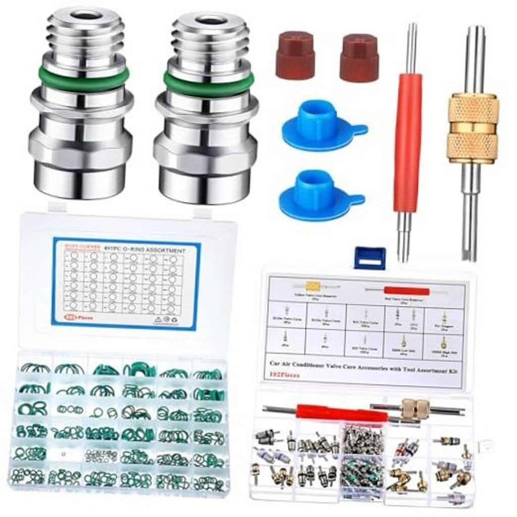 Car A/C valve core repair kit with assorted valve cores, o-rings, and caps set