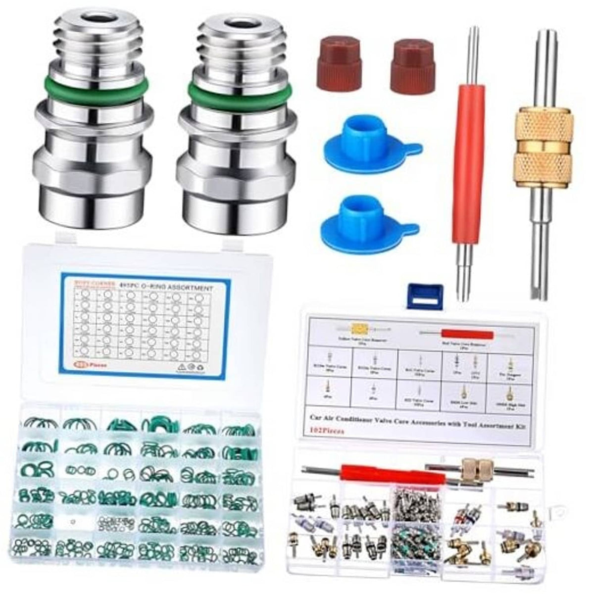 Car A/C valve core repair kit with assorted valve cores, o-rings, and caps set