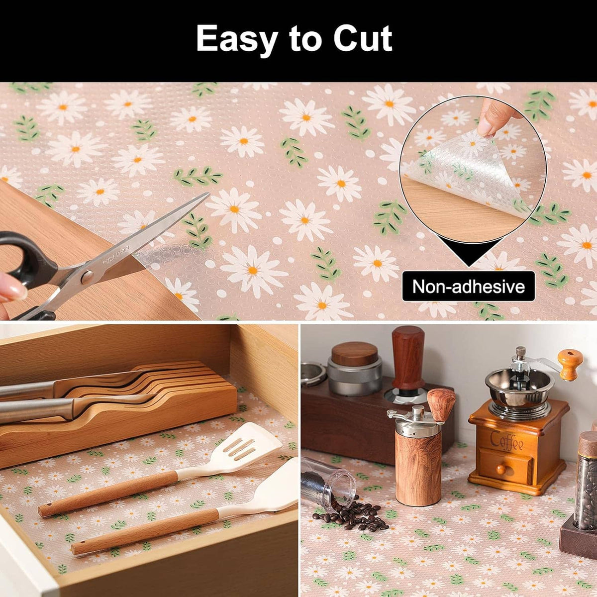 Non-adhesive shelf liner can be cut to size with scissors for fit