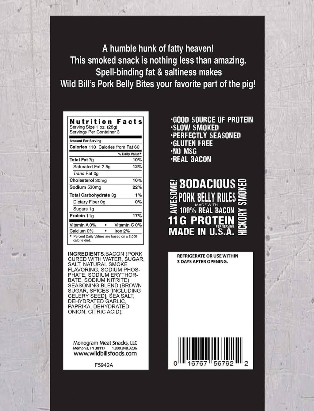 Wild Bill’s pork belly bites back label with ingredients and nutrition facts