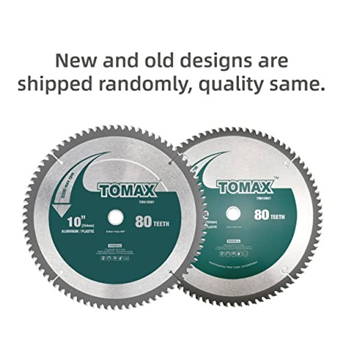 Two TOMAX 10-inch 80-tooth saw blades shown together for aluminum/plastic cutting