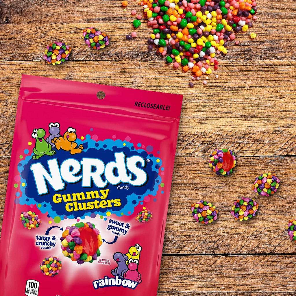NERDS Gummy Clusters rainbow gummy candy bag with colorful candy clusters scattered