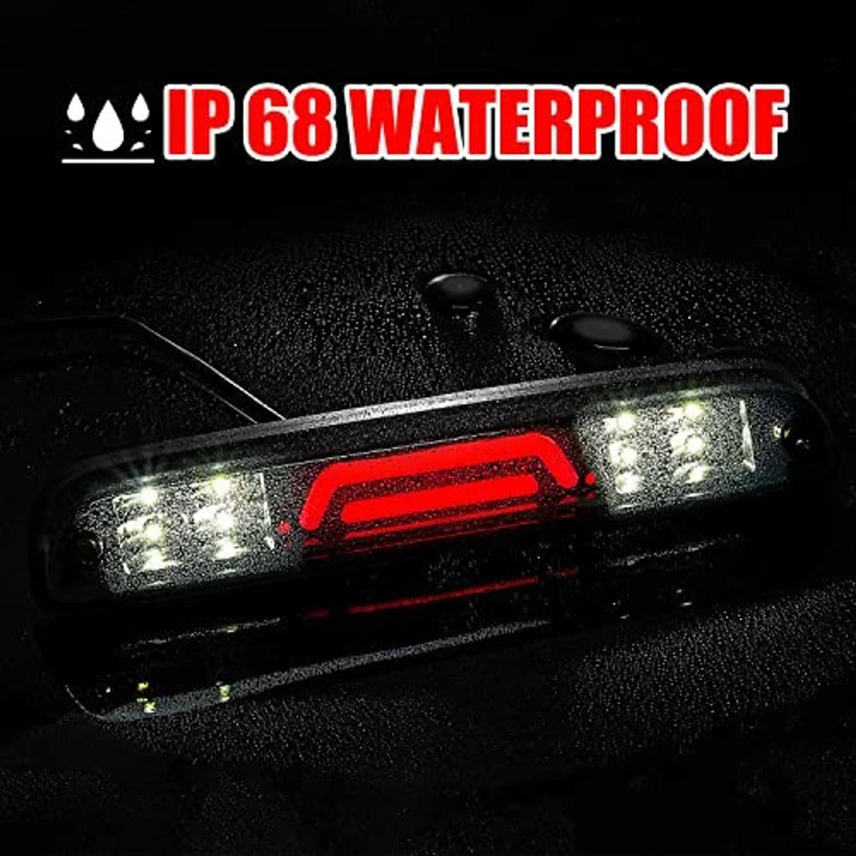 Third brake light with glowing red LED bar and white LED strips in clear housing