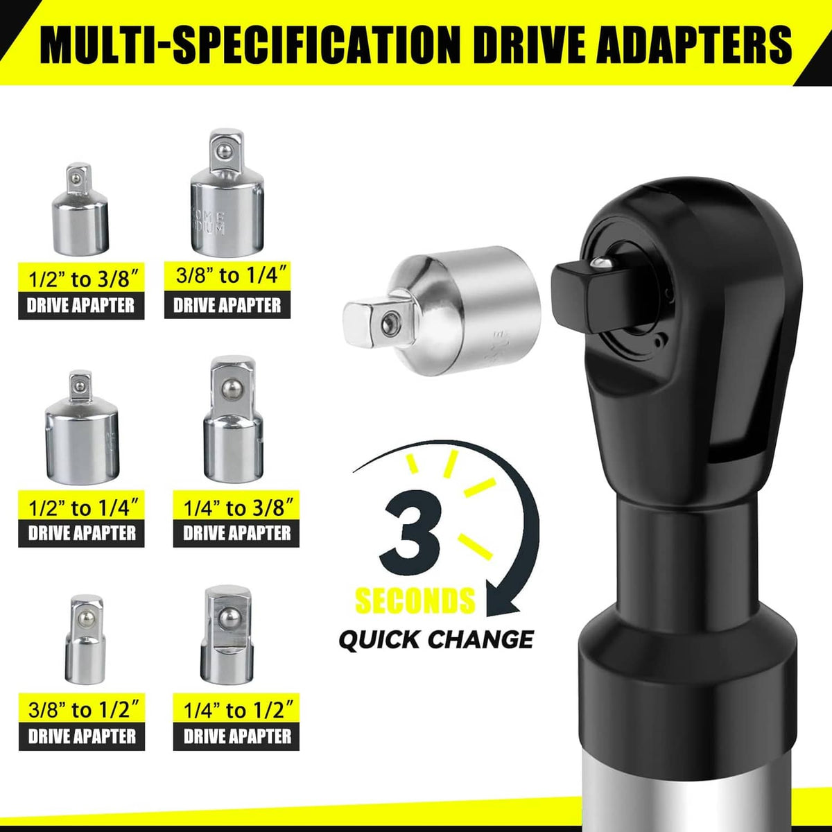 Black quick-change drive adapter and silver impact extension wrench