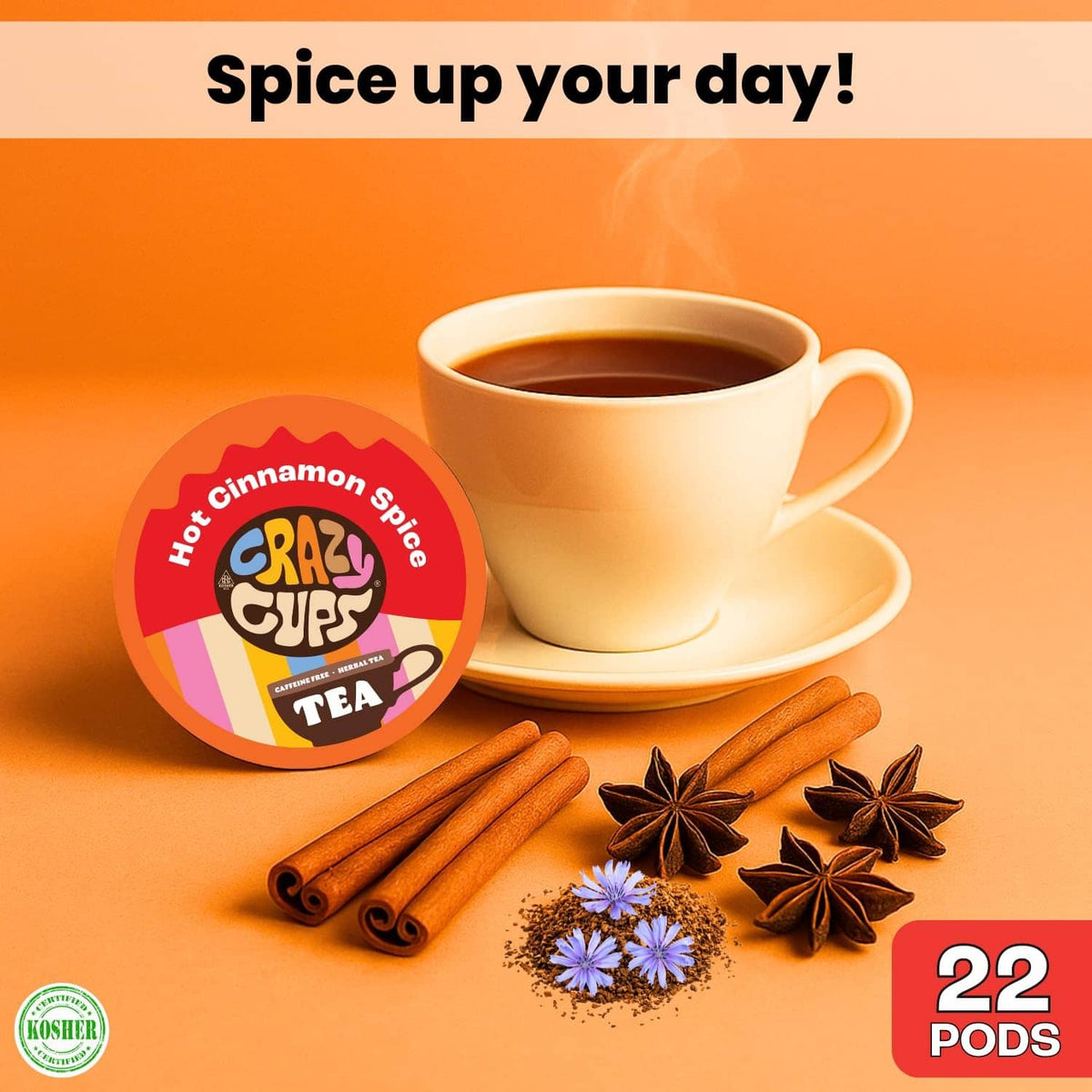 Hot Cinnamon Spice tea pod with teacup, cinnamon sticks, star anise and pods