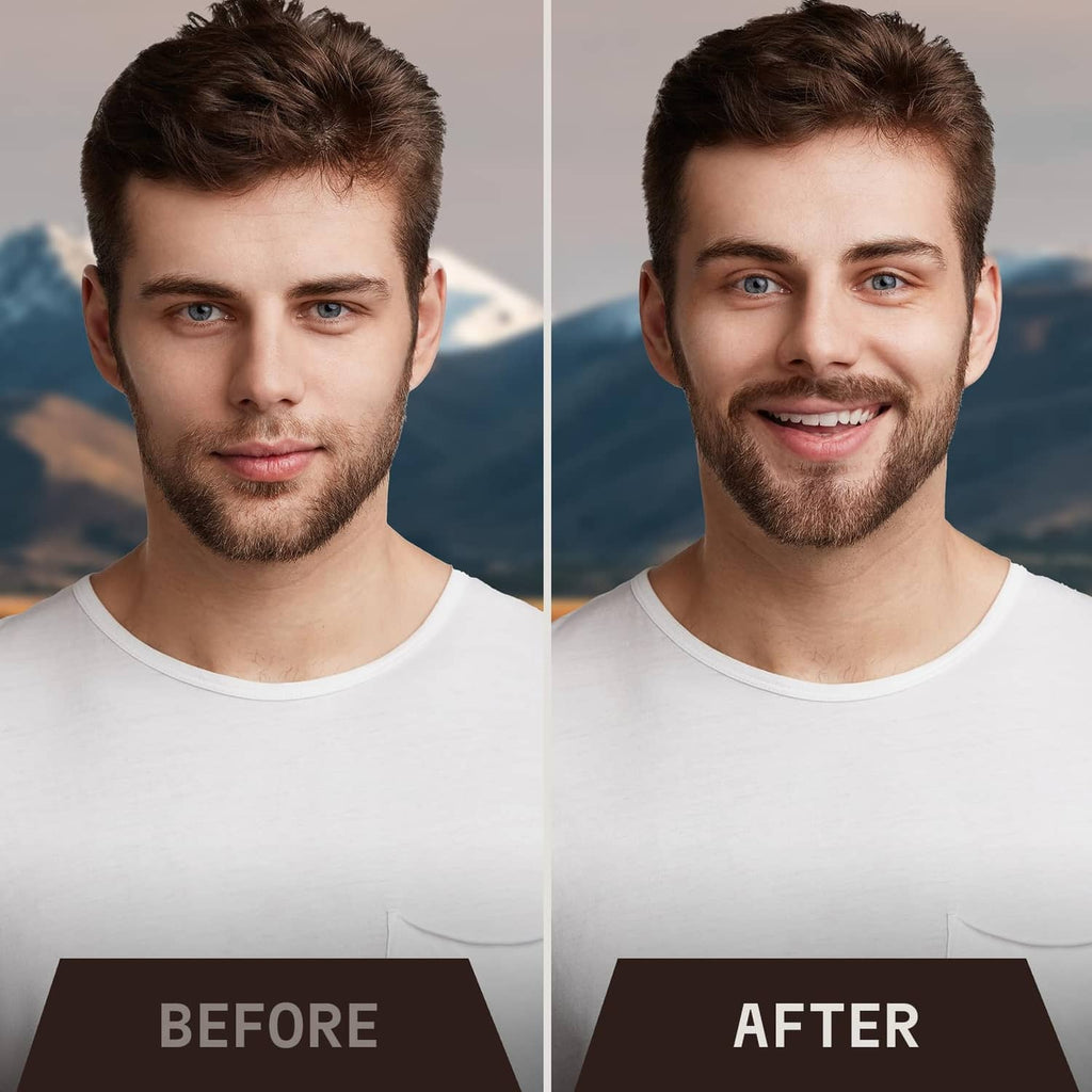 Beard growth oil before-and-after style comparison with bottle