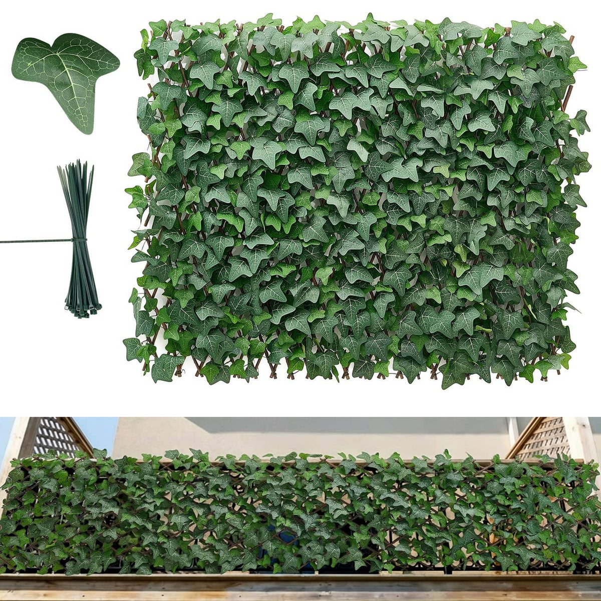 Artificial privacy screen panel with dense green faux ivy leaves
