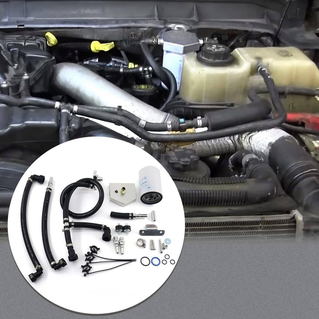 Bypass kit hoses and fittings installed in engine bay near intake and fuel components