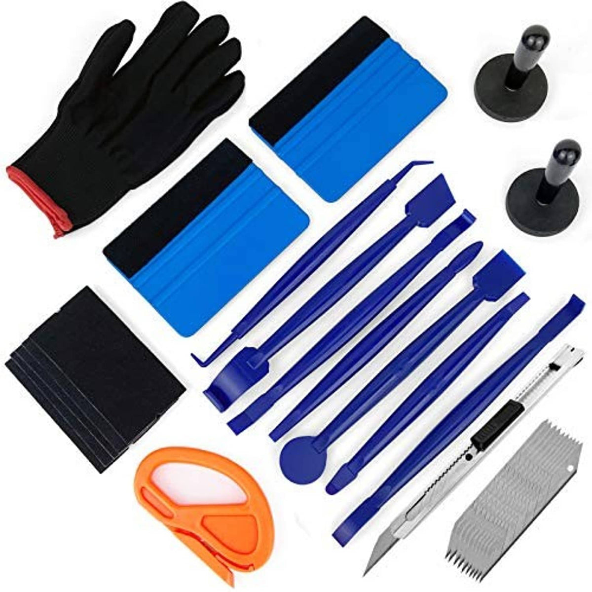 Car vinyl wrap installation kit with black gloves, squeegees, blue tools, and magnetic caps