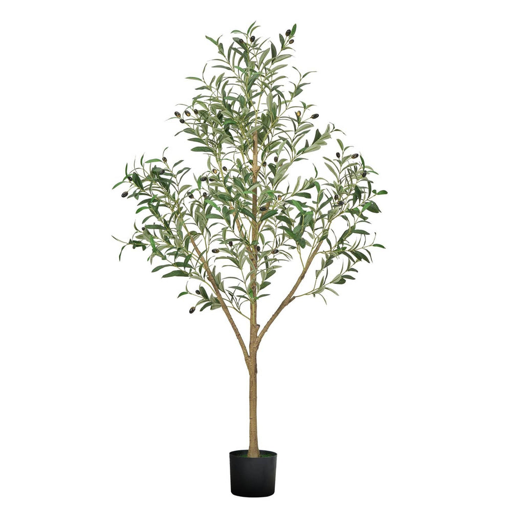 Artificial olive tree with green leaves and brown trunk in black pot
