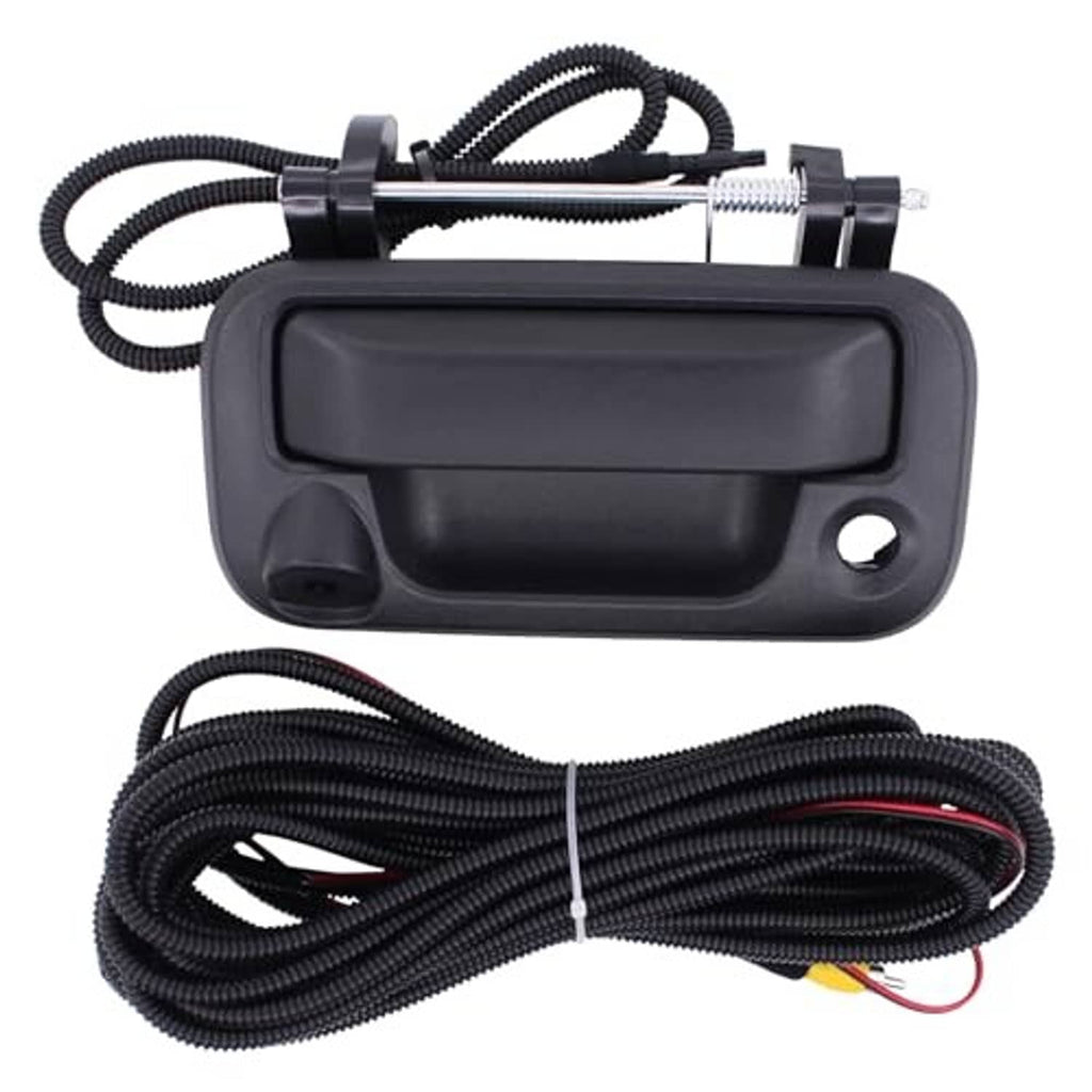 Black tailgate backup camera handle with rectangular lens window and cable set