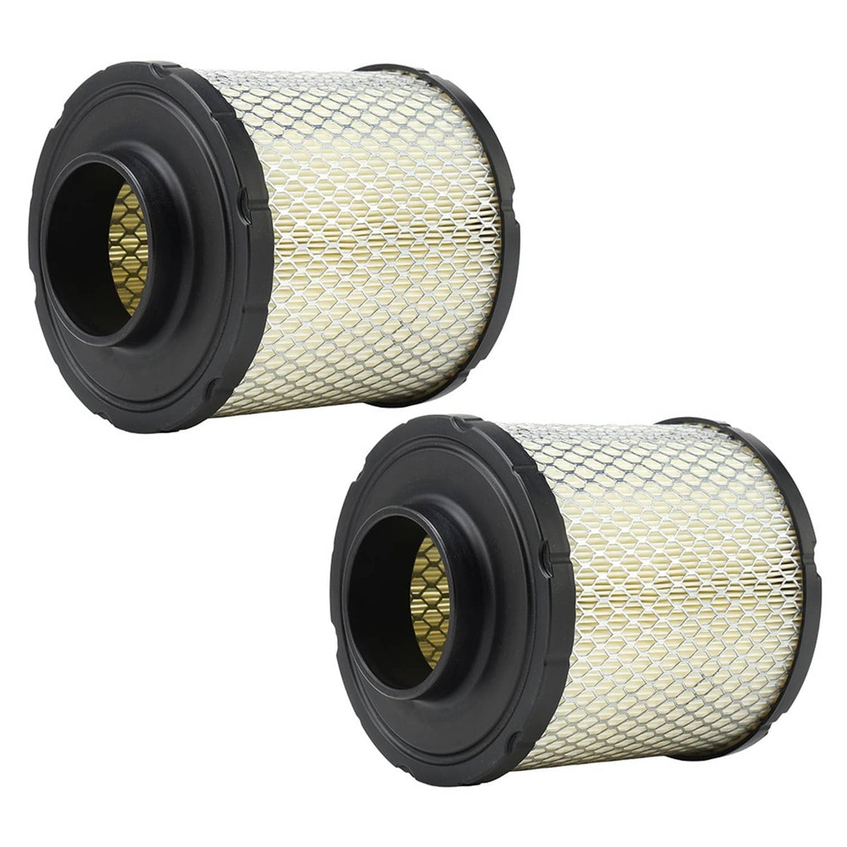 Two cylindrical air filters angled view, white pleated mesh with black end rings