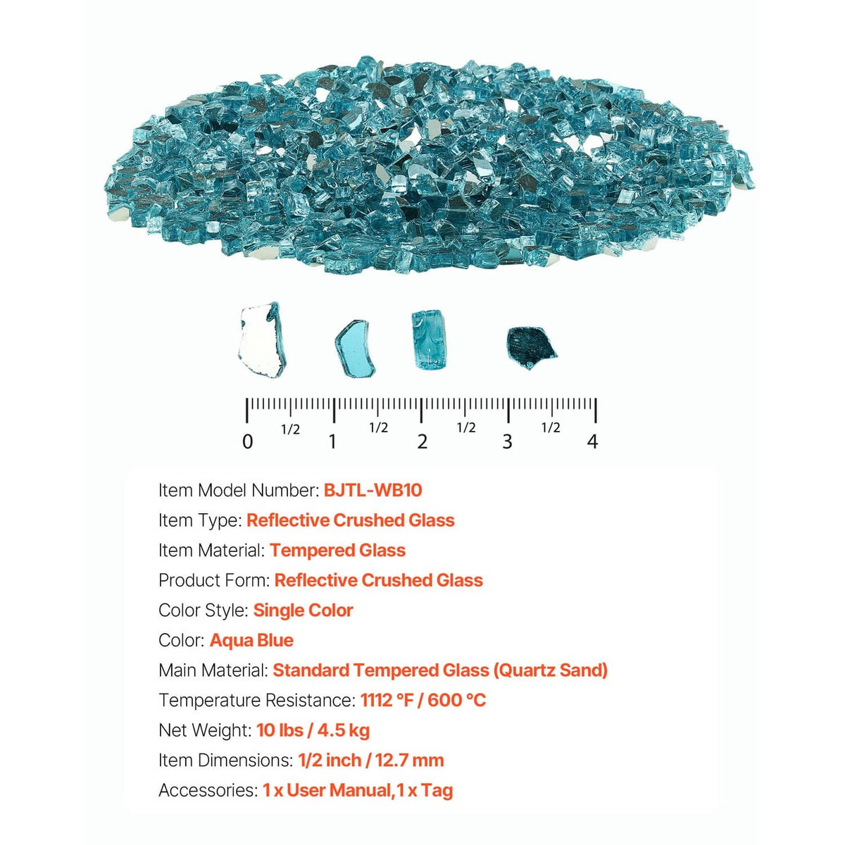 Aqua blue crushed fire pit glass shown with sample fragments and inches scale