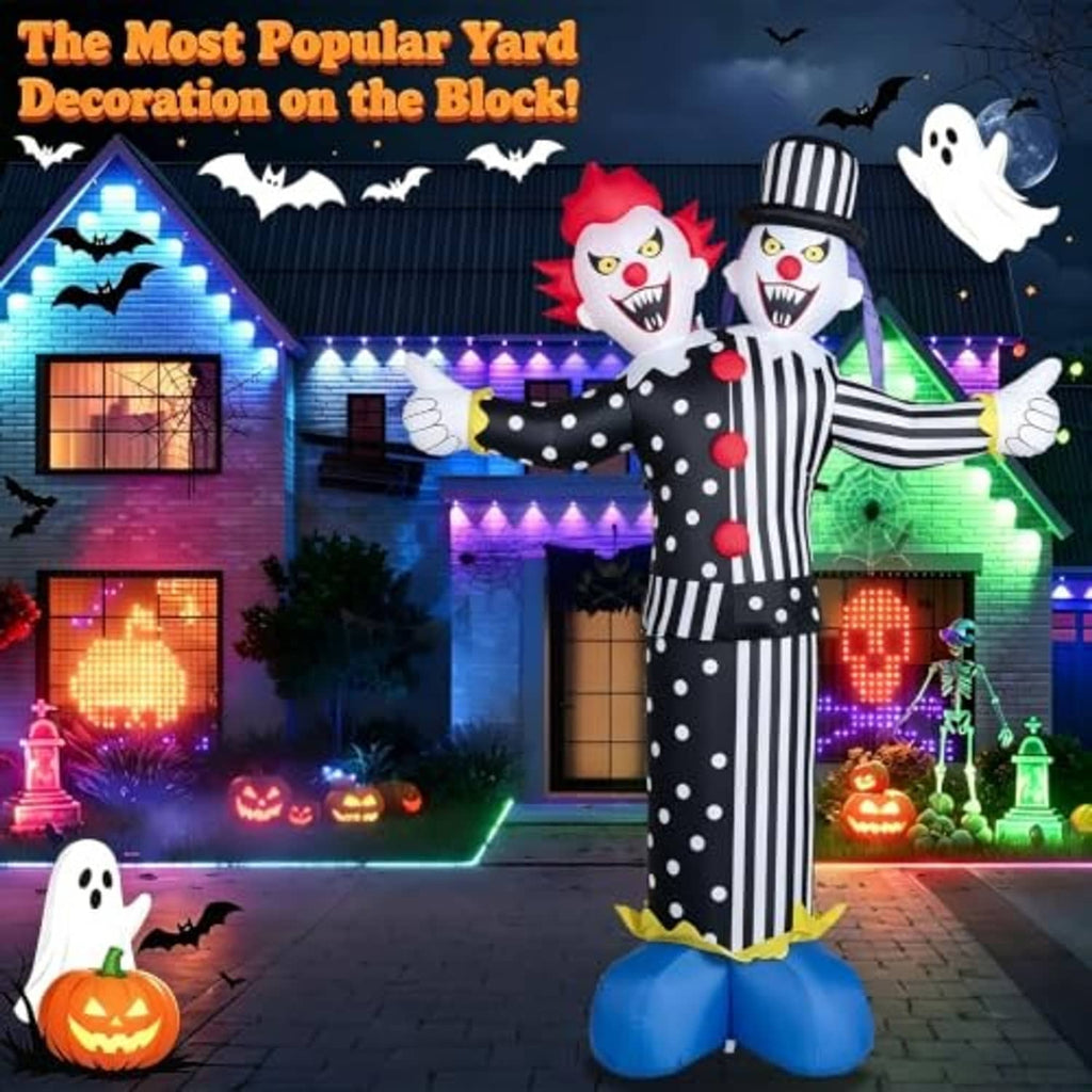 Two-headed inflatable clown yard decor with multicolor LED glow, striped suit and blue base