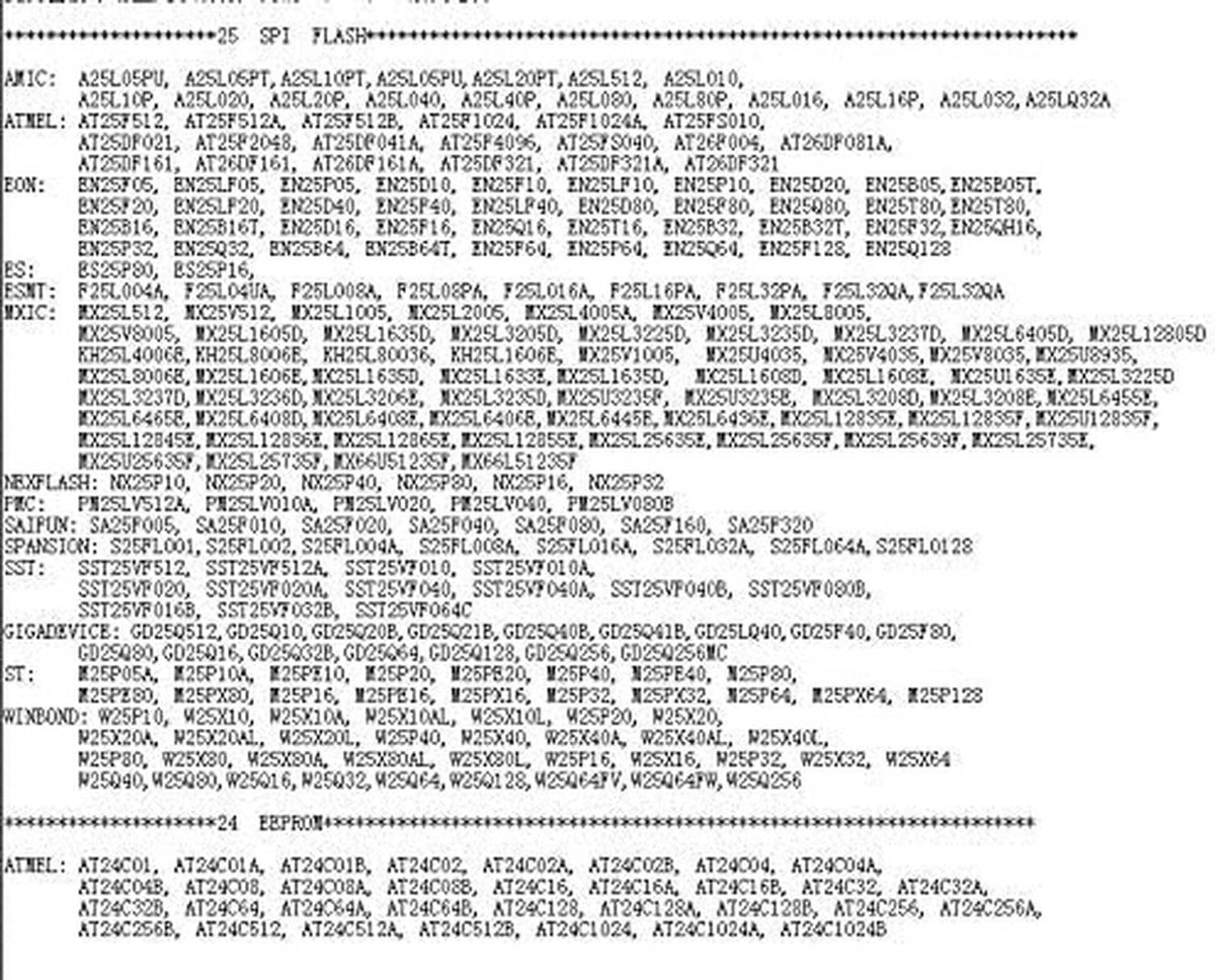Printed compatibility list sheet for SPI chip programmer and supported EEPROM types