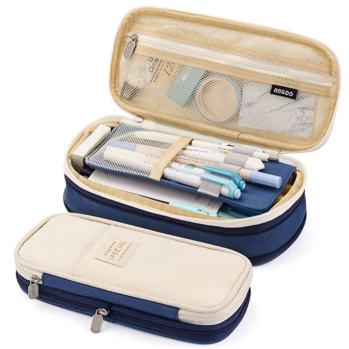 Blue and beige large zip pencil case with clear front mesh pocket, open for pens