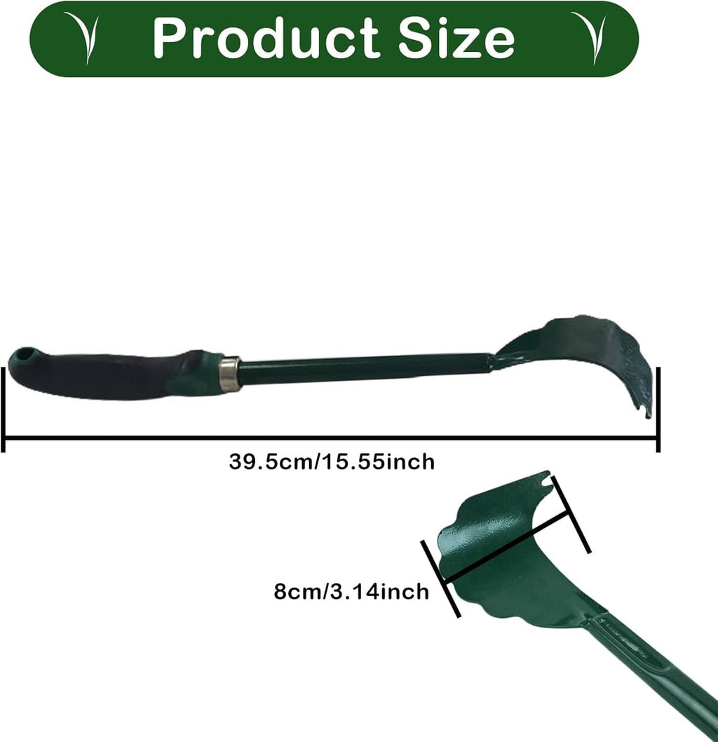 Mower deck scraper tool with black grip, green curved scraping edge, and long handle