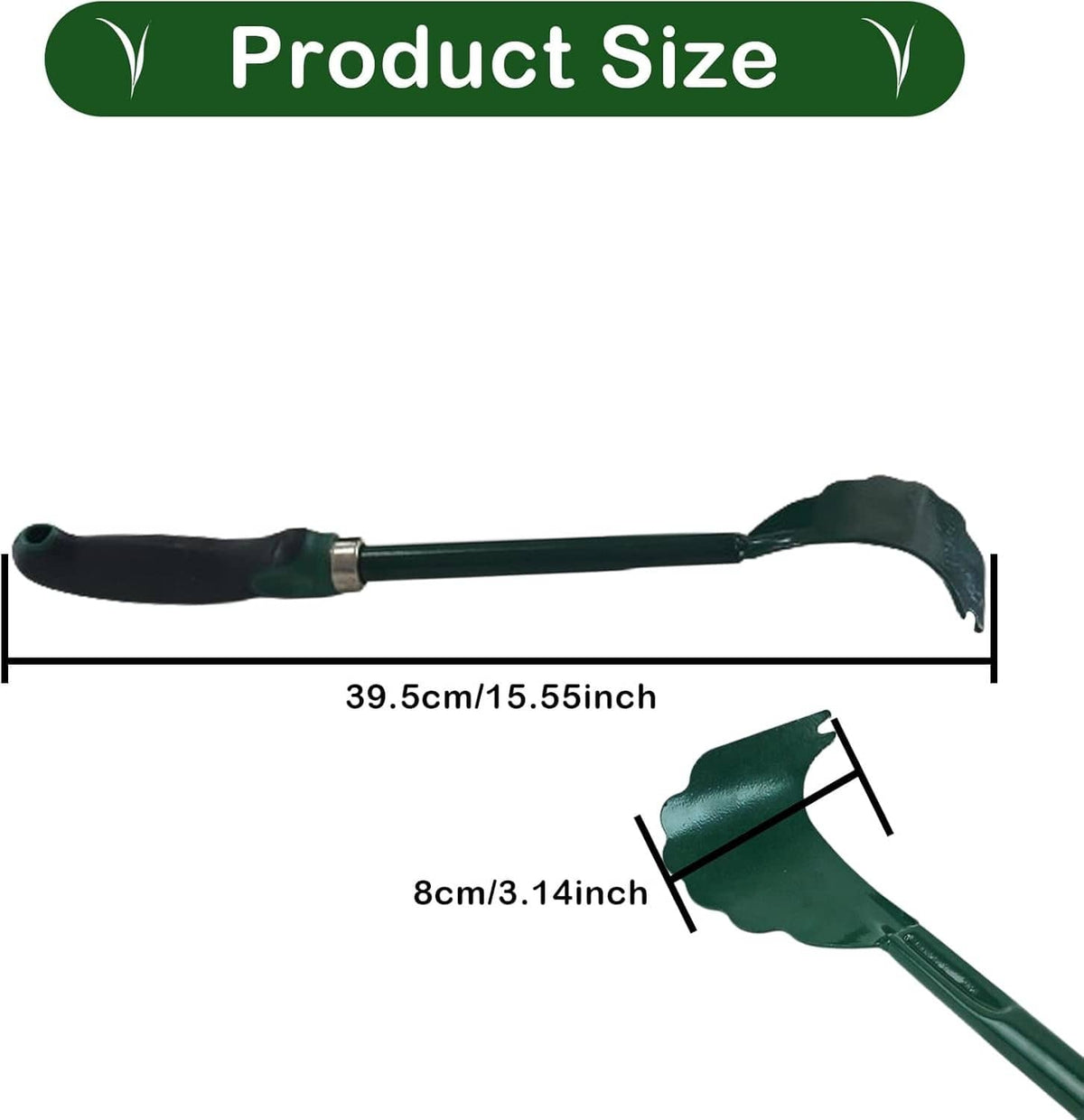 Mower deck scraper tool with black grip, green curved scraping edge, and long handle