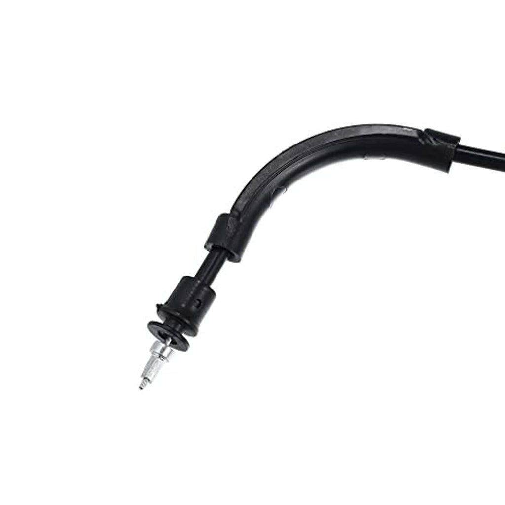 Black cable end with curved conduit and spring-style connector clip