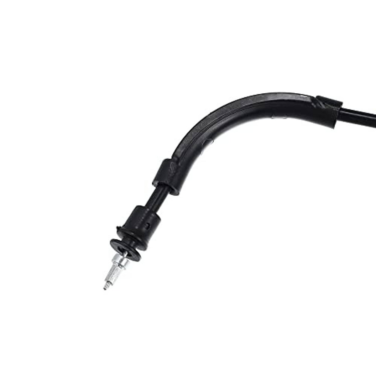 Black cable end with curved conduit and spring-style connector clip