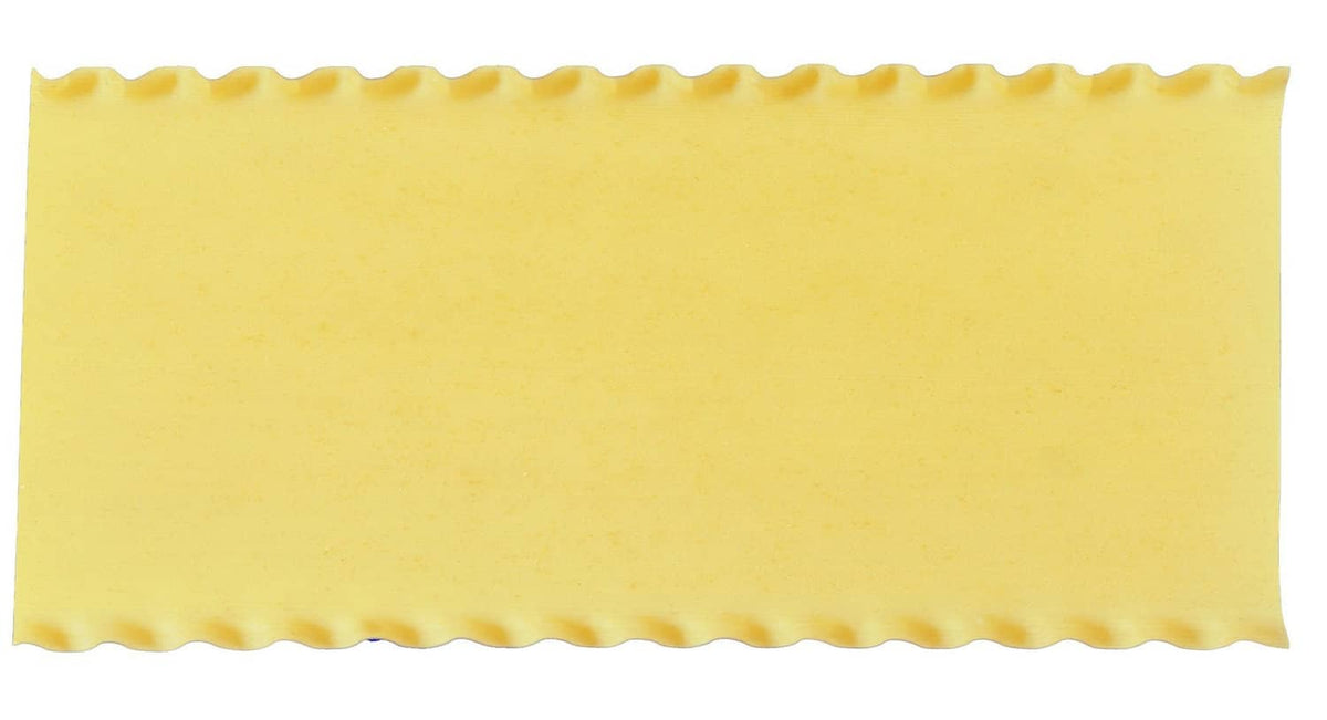 Dried lasagne pasta sheet, yellow, wavy edges