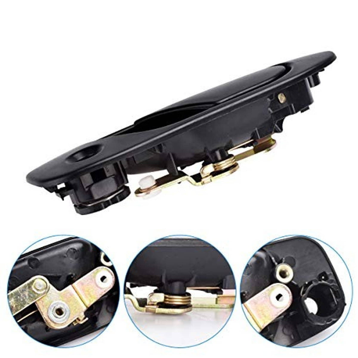 Black exterior door handle with exposed latch mechanism, angled side view