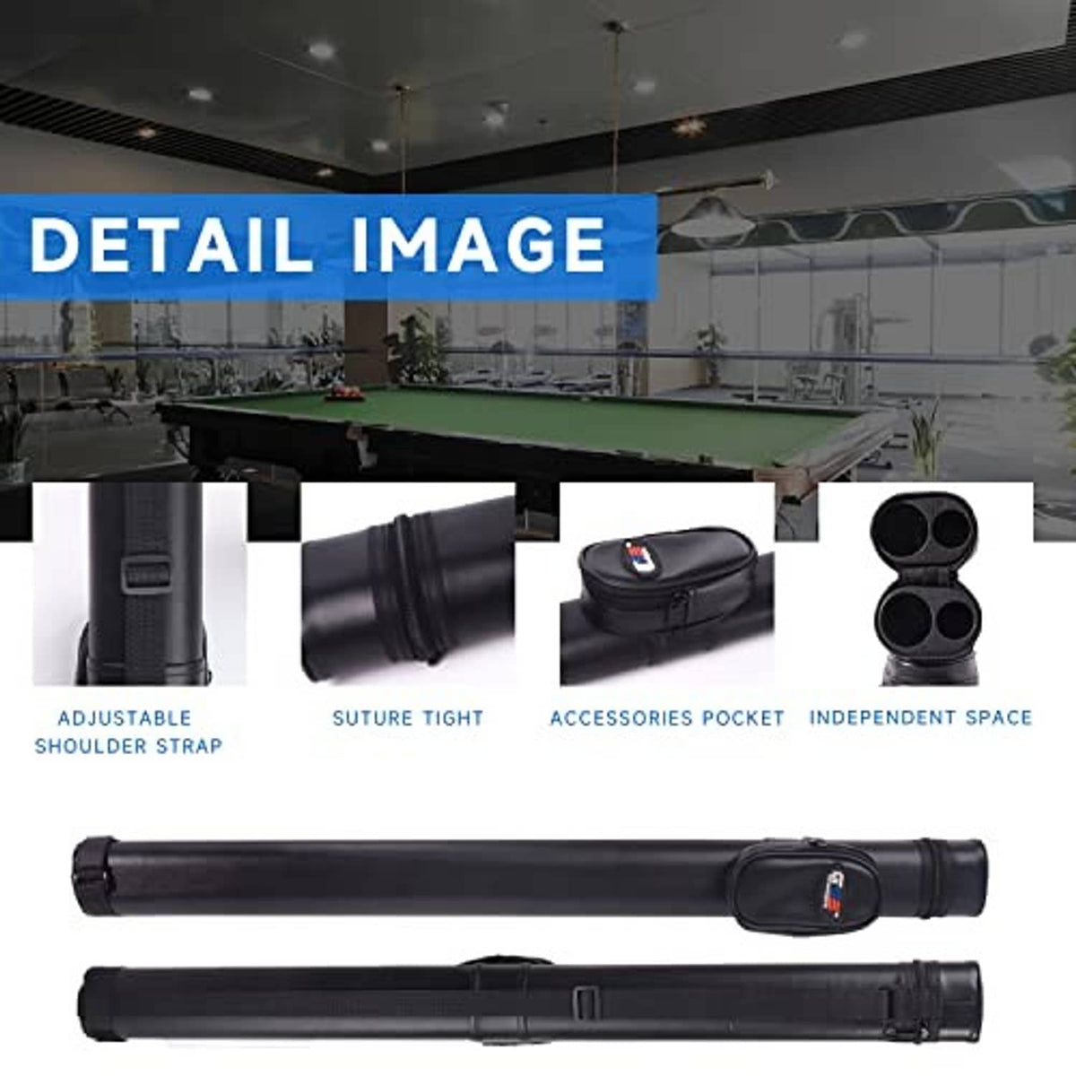 Black hard billiard cue case with accessories pocket, strap, and two-end compartments