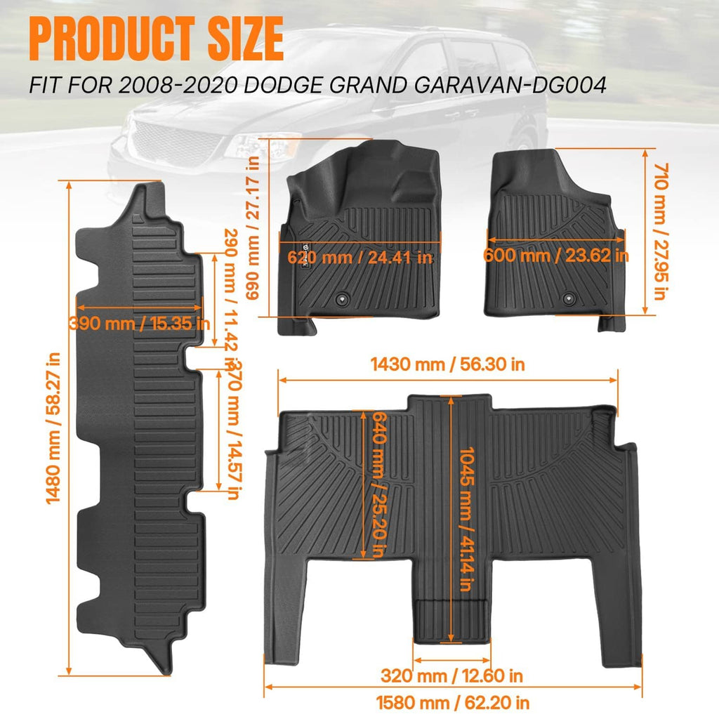Rubber car floor mats set with size diagram, dark gray tread pattern and mounting holes