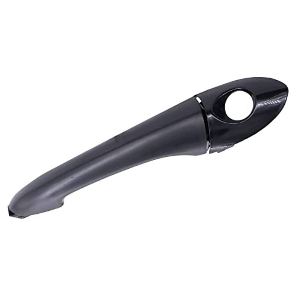Exterior door handle with dark gray grip and circular bezel opening, side view detail
