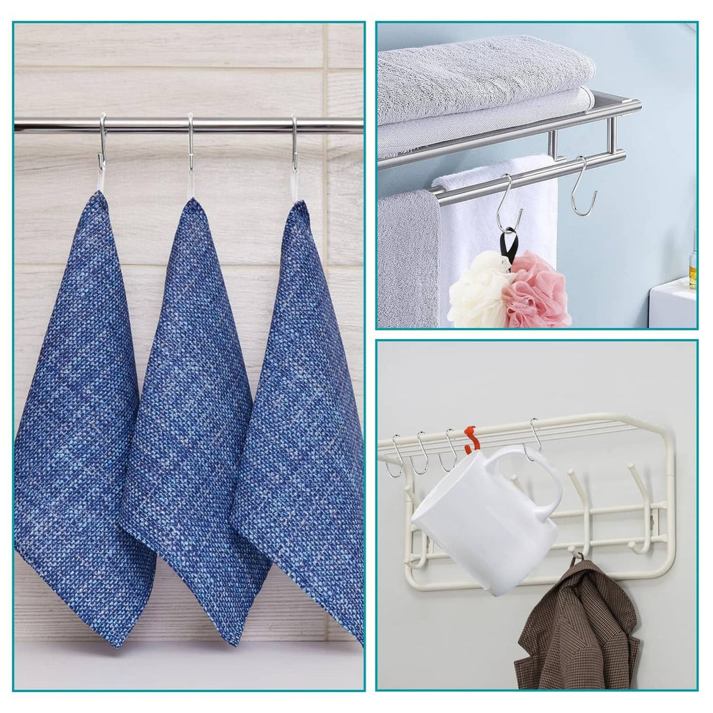 Metal S hooks holding folded towels on a rail, compact silver hangers