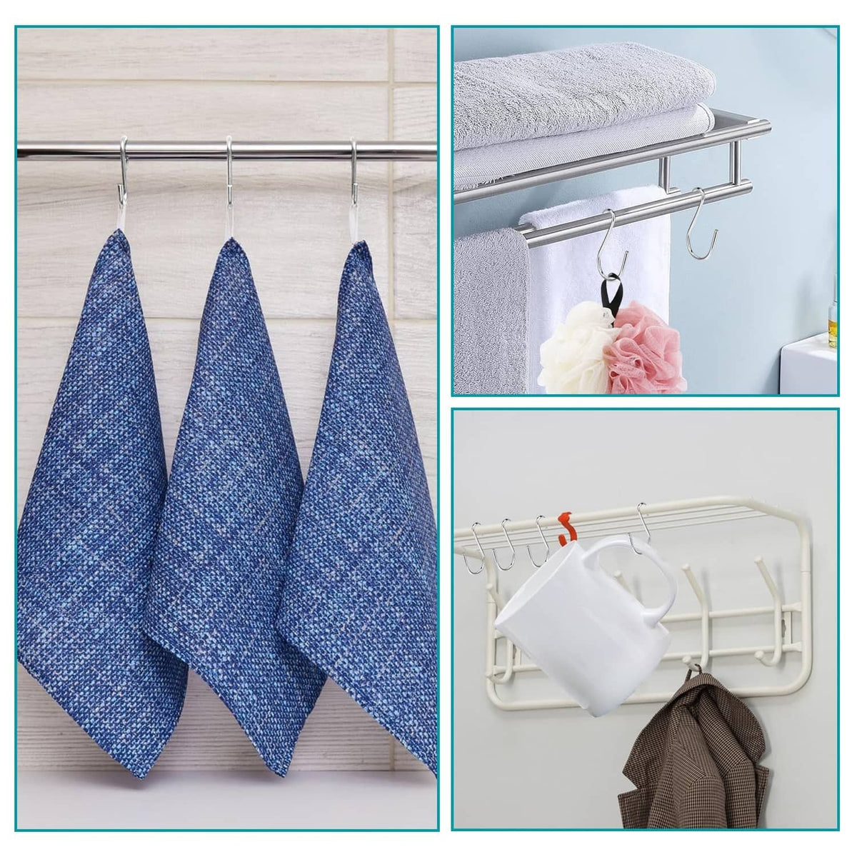 Metal S hooks holding folded towels on a rail, compact silver hangers