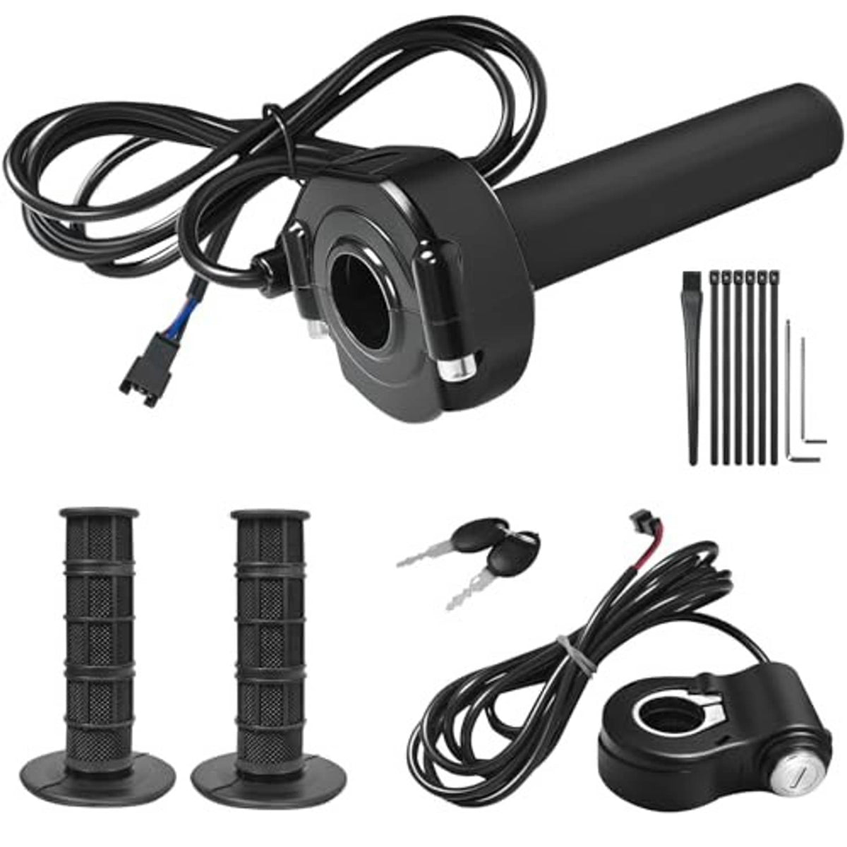 Full-twist throttle grip kit with ignition switch and included accessories, black