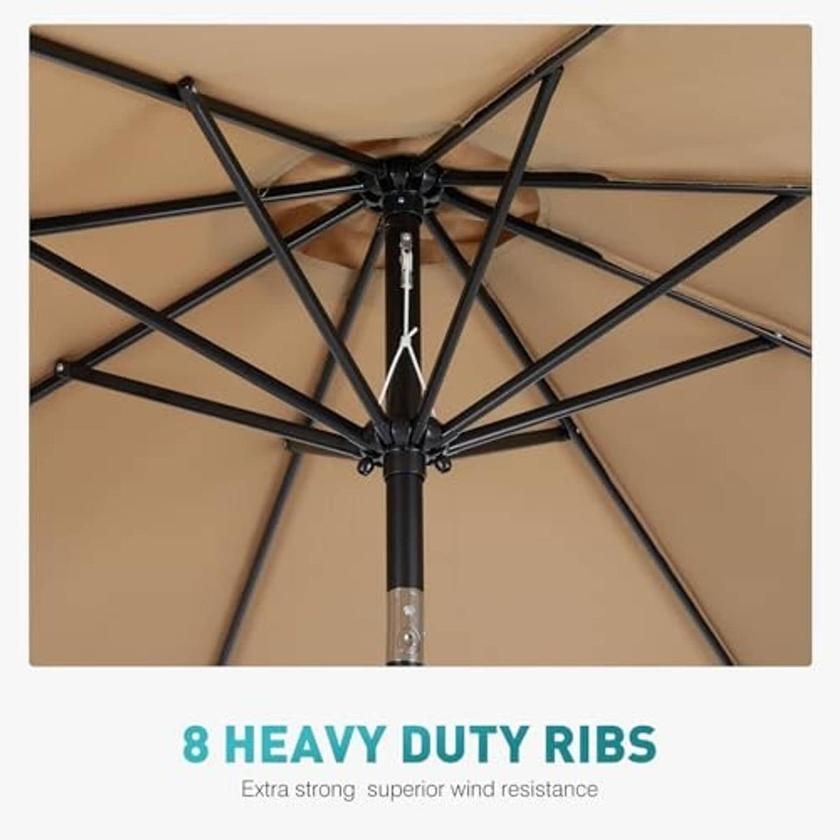 Tan umbrella canopy underside showing heavy-duty ribs and black pole mechanism at center