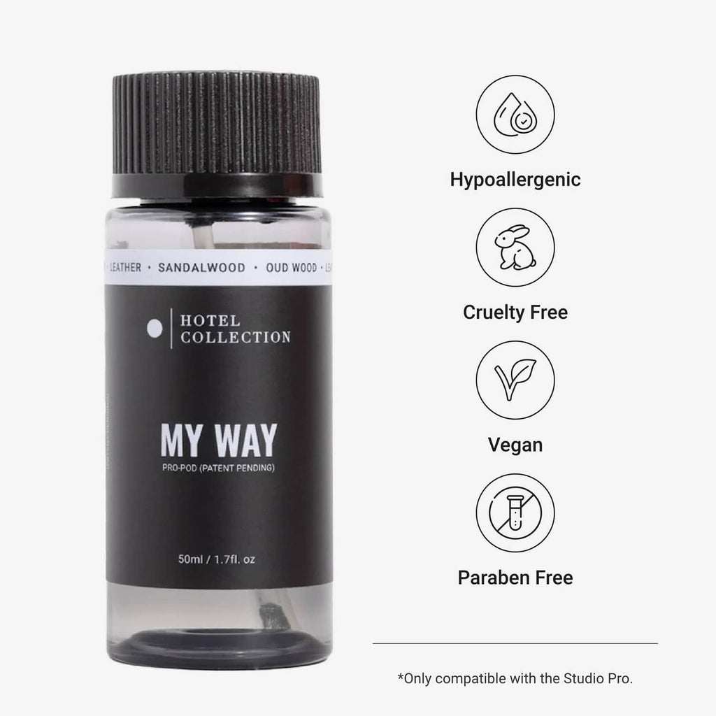 Aroma diffuser oil bottle with 'My Way' label and vegan, cruelty-free, paraben-free icons