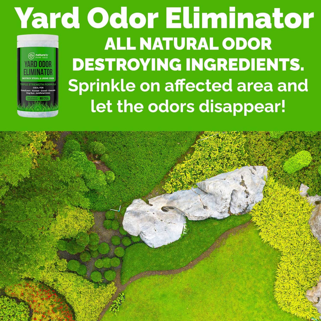 Nature's Pure Edge Yard Odor Eliminator bottle with sprinkle instructions on yard