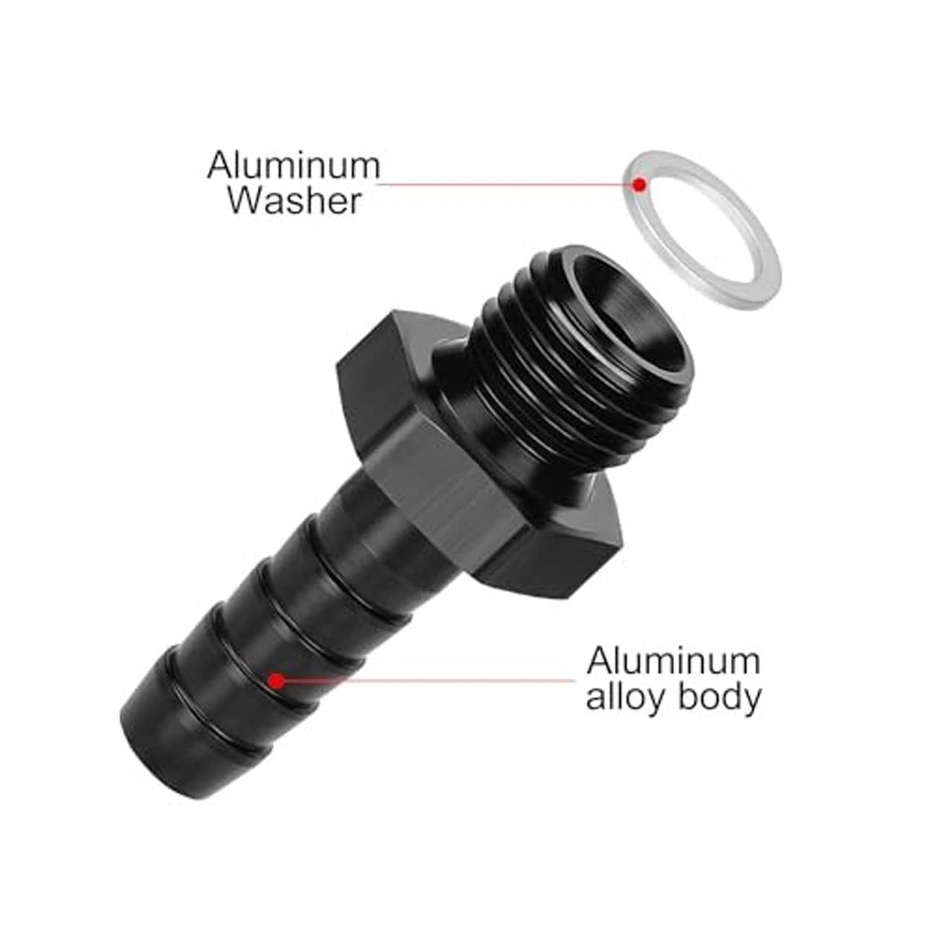 Black male hose barb fitting with aluminum washer and barbed 3/8" end
