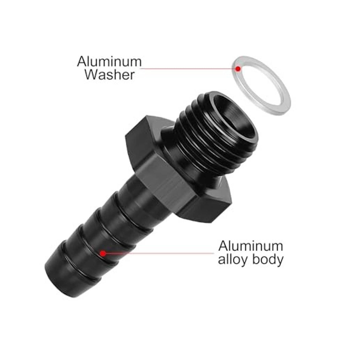 Black male hose barb fitting with aluminum washer and barbed 3/8" end