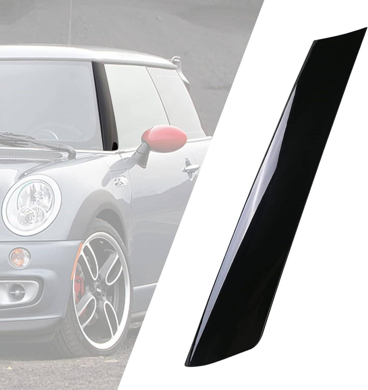 Black A-pillar windshield trim installed beside the headlight and side window, front view