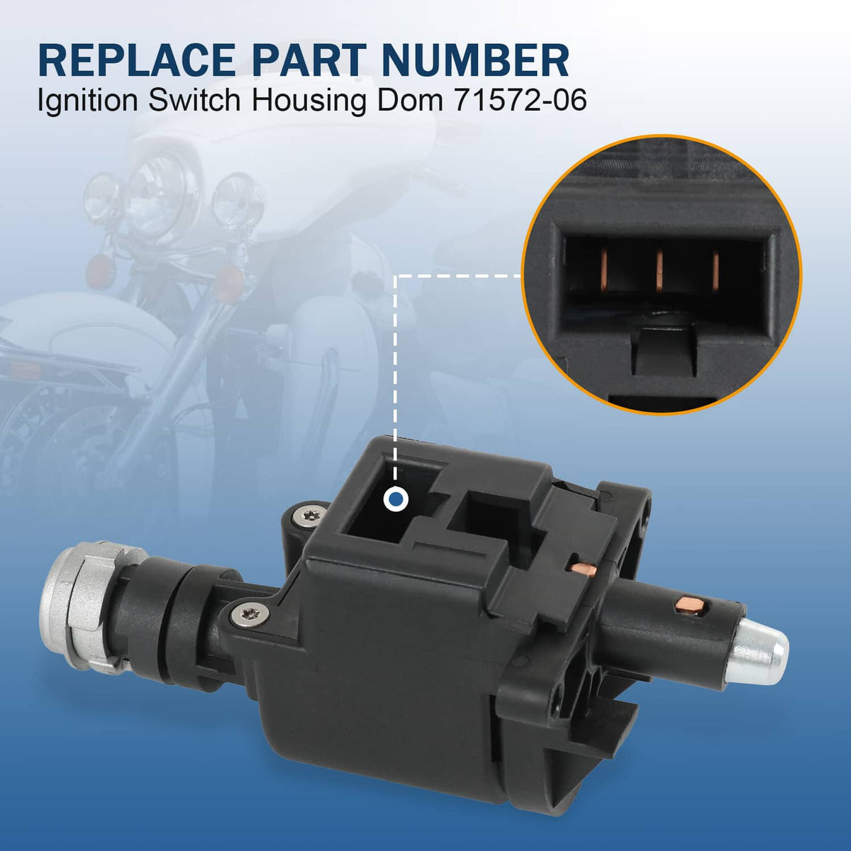 Black ignition switch housing with multi-pin electrical connector and silver shaft