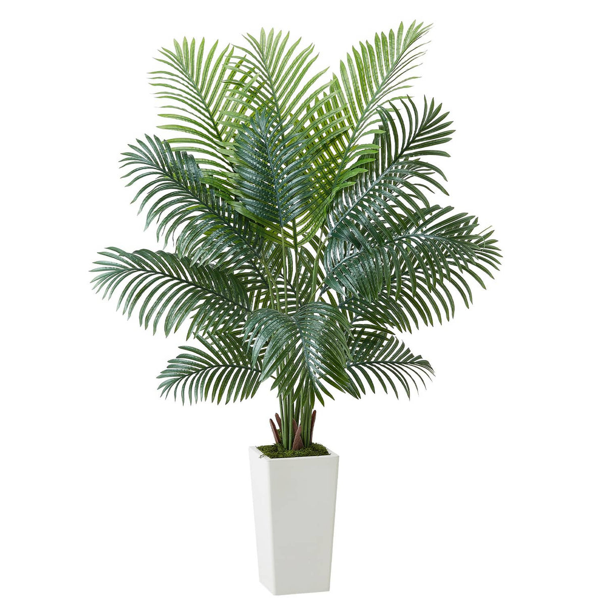 Artificial areca palm tree with green fronds in a white pot, front view
