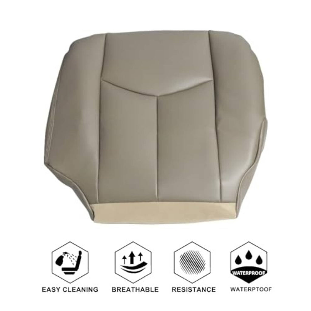 Tan leather-look driver seat bottom cover with quilted center panel and side bolsters