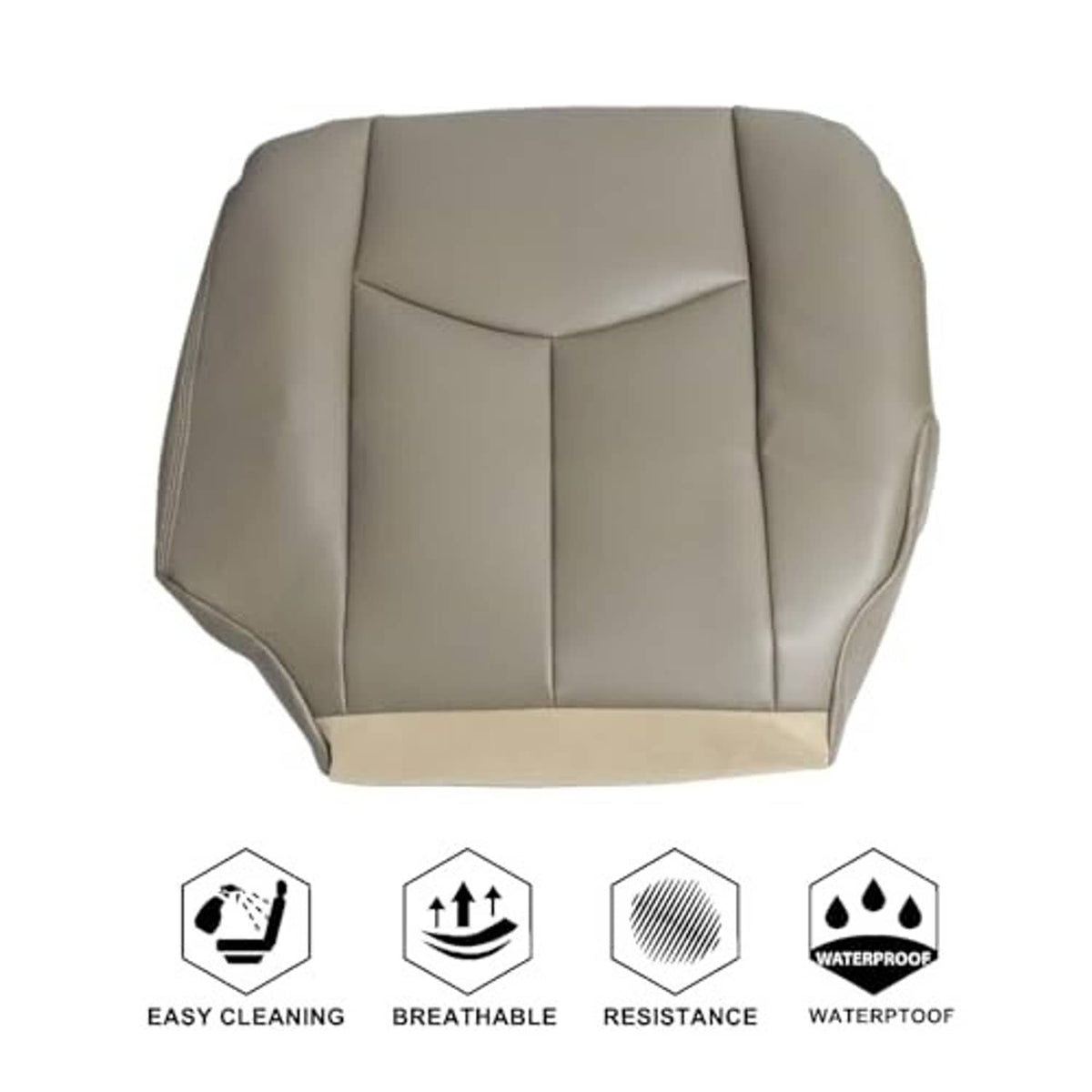 Tan leather-look driver seat bottom cover with quilted center panel and side bolsters