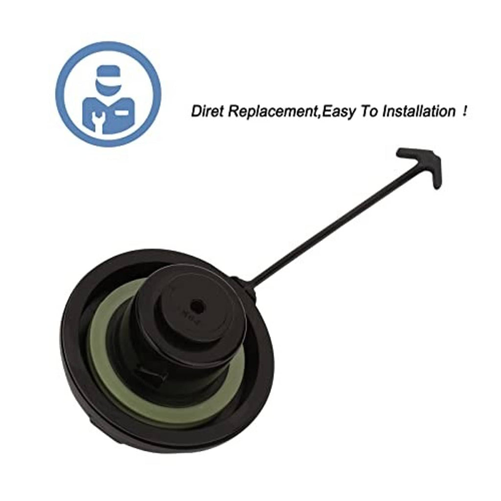 Black fuel tank filler cap with green rubber seal and side tether handle