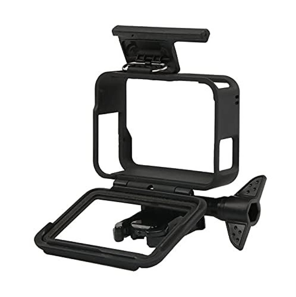 Black action camera frame housing with open protective frame and bottom base mount
