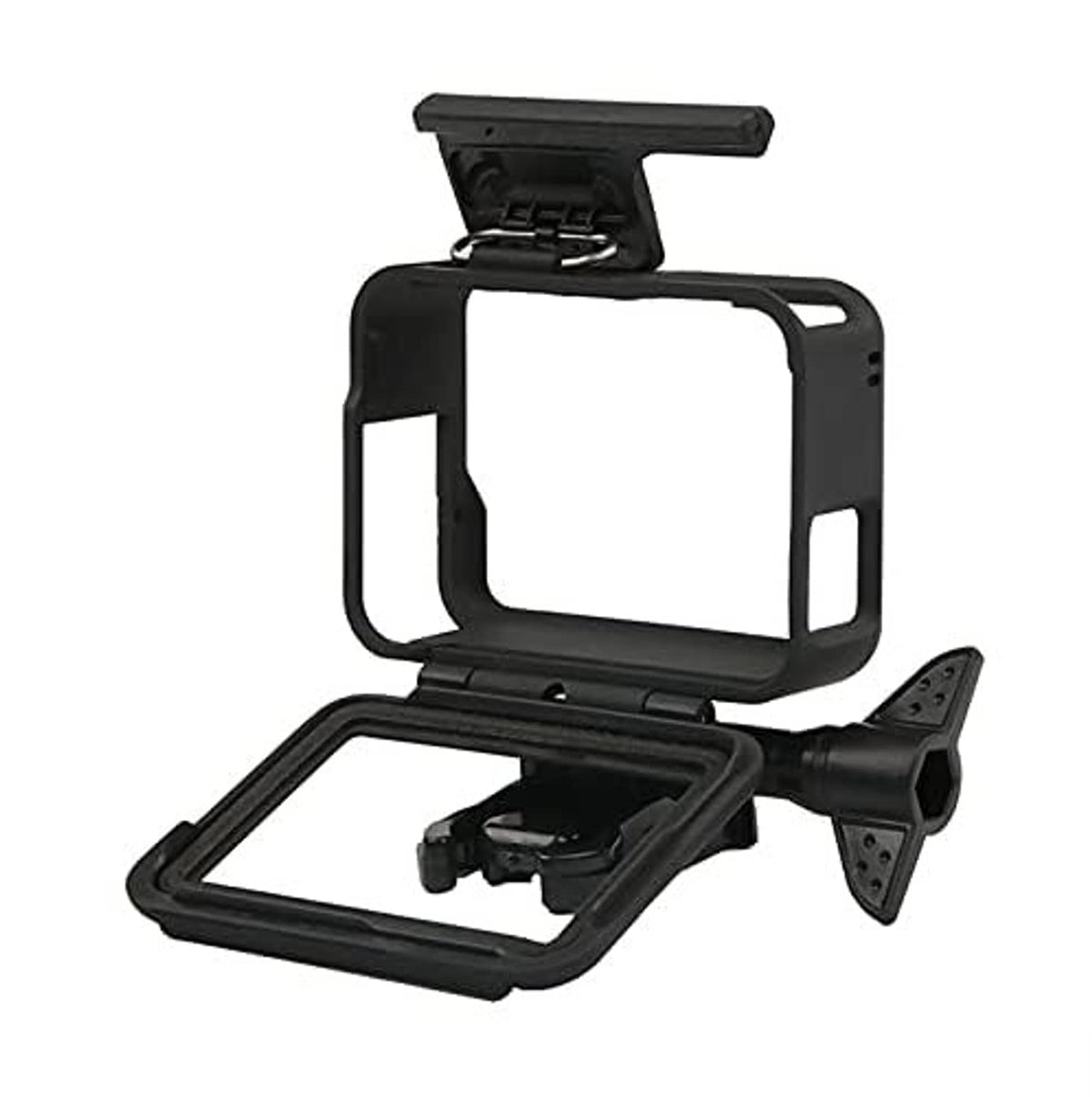 Black action camera frame housing with open protective frame and bottom base mount