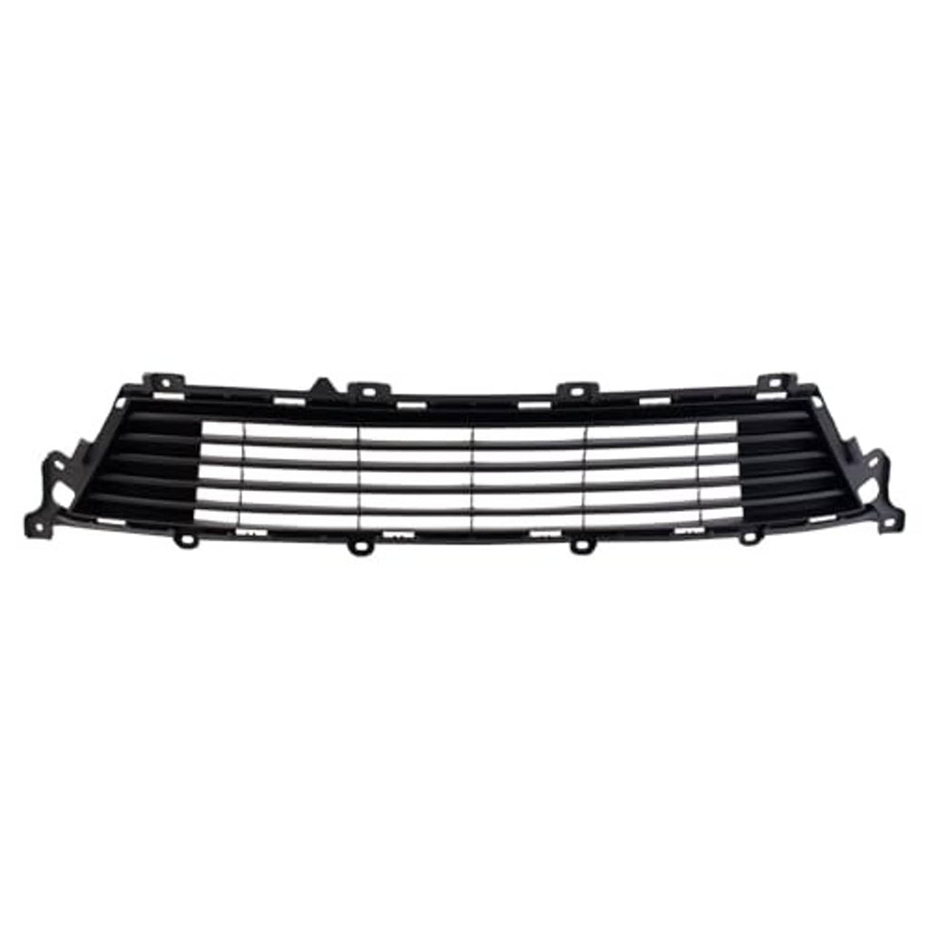 Front lower grille with black slats, silver center bars, and mounting points