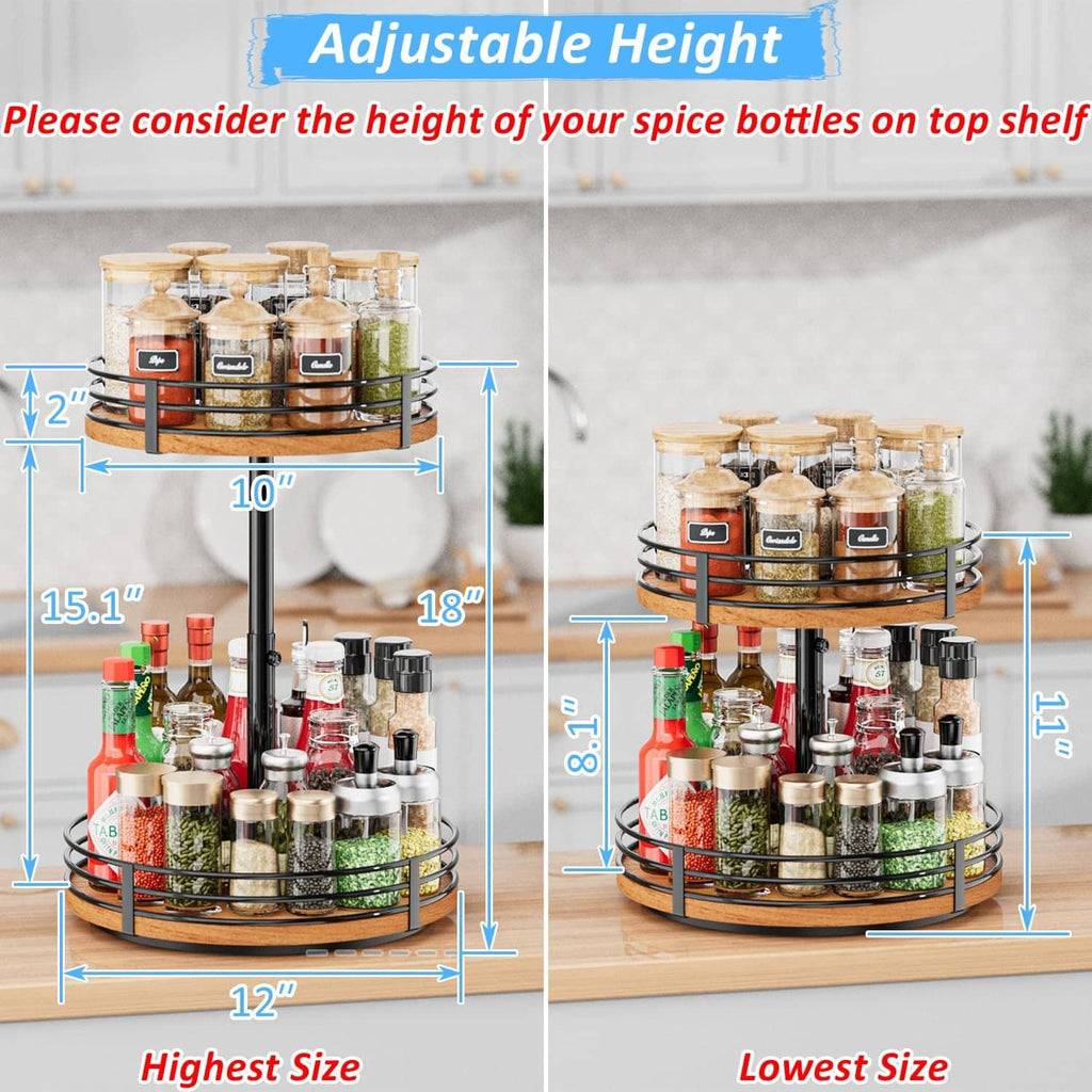 Height-adjustable 2-tier rotating spice rack with spice bottles on top and bottom shelves